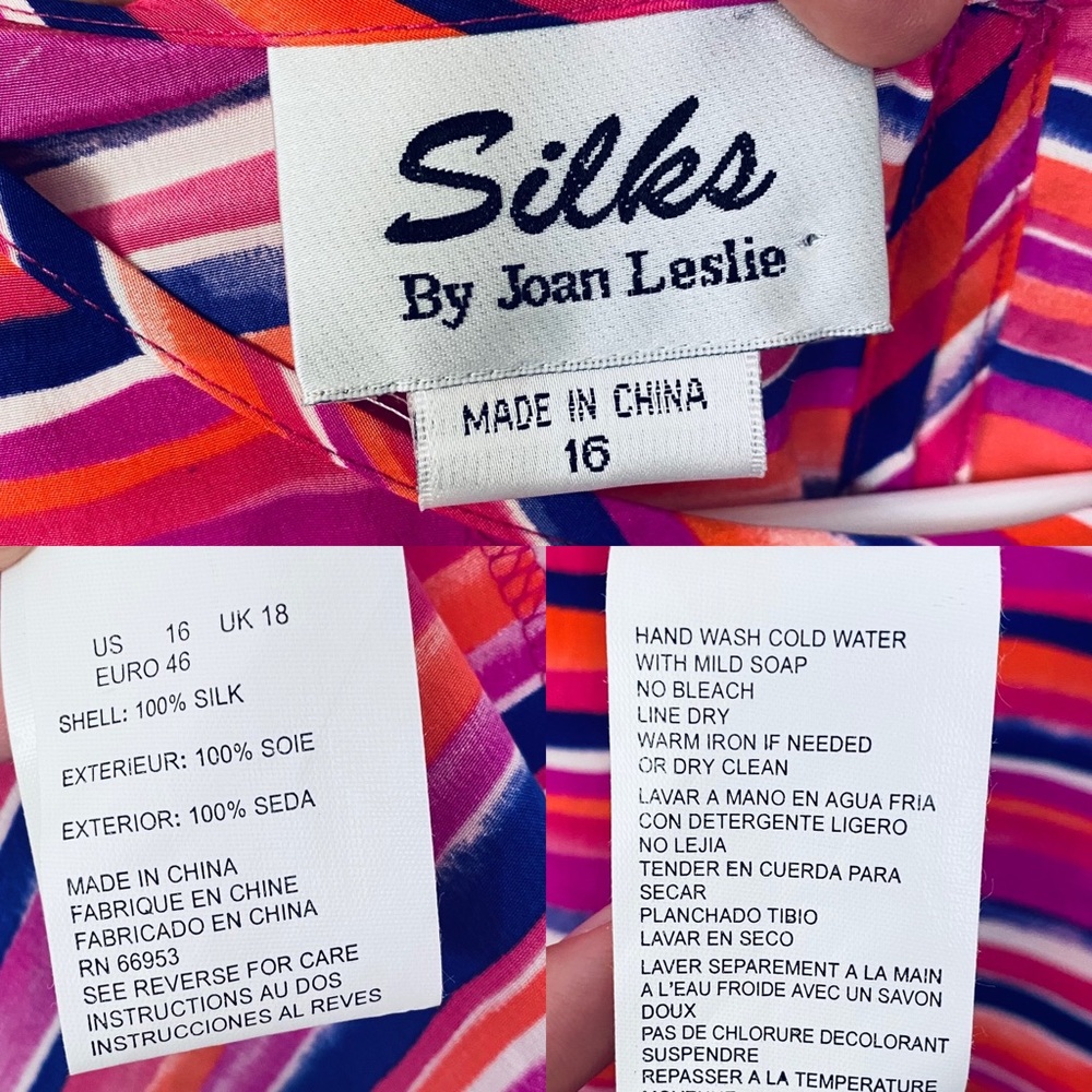 🍓 Silks by Joan Leslie NEW Deadstock Stripe Rainbow Washable 100% Silk Blouse 16 - Picture 9 of 9